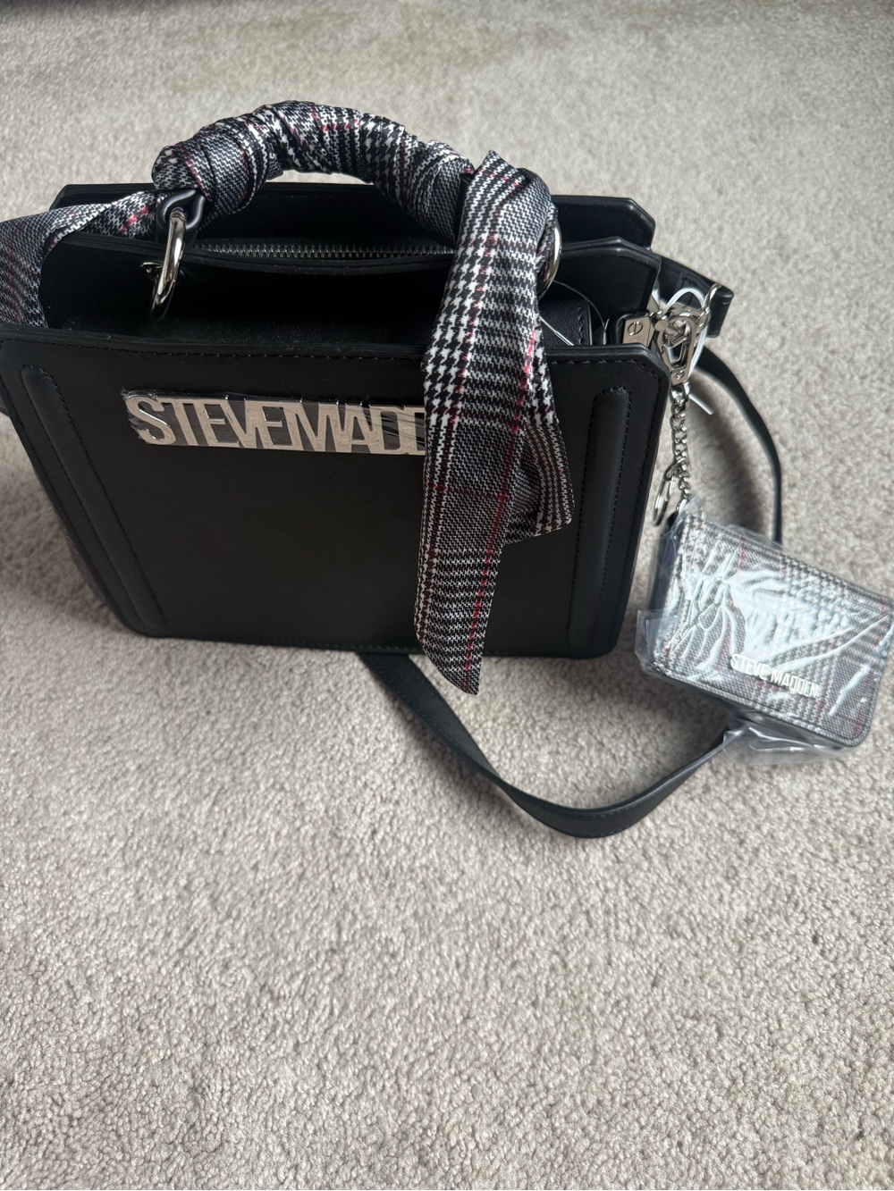 Steve Madden Black Satchel with Plaid Handle Wrap